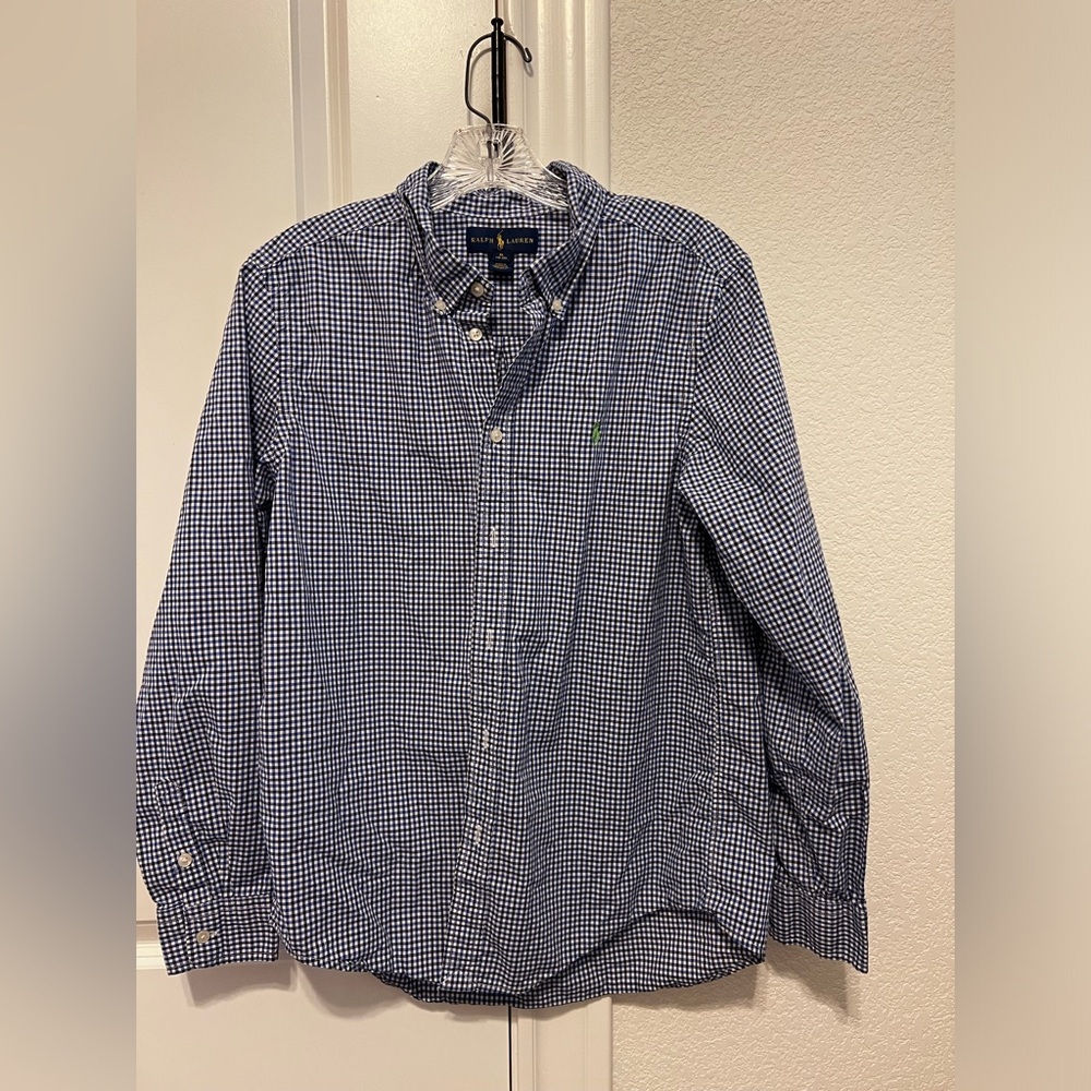 Ralph Lauren Youth Blue and White Plaid Button Down Shirt - Size XL (18-20)